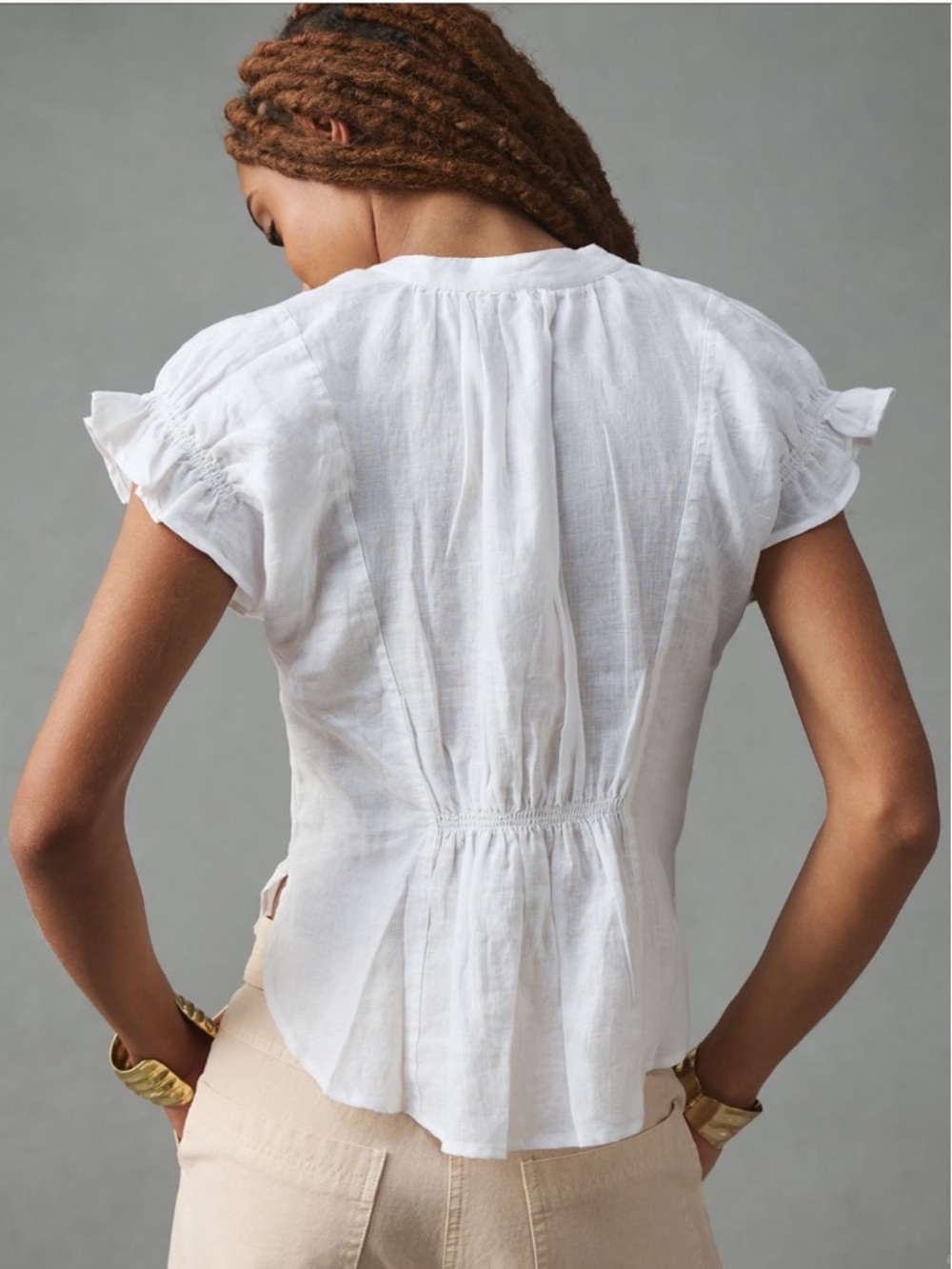 Anthropologie x PILCRO Tatum Flutter Sleeve Blouse in White Linen. EUC. LARGE - Picture 2 of 9